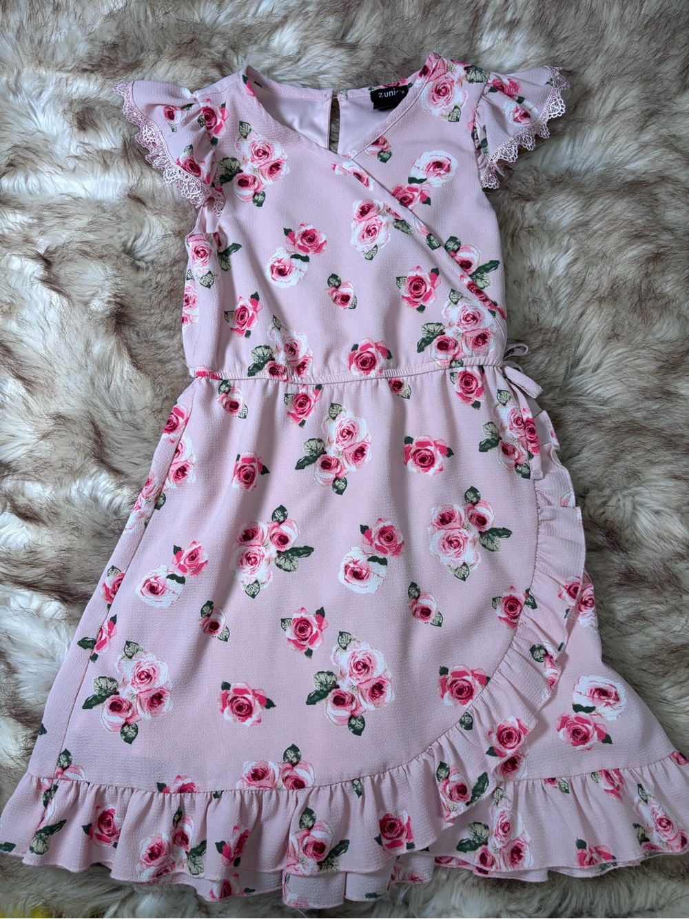Zunie Pink Floral Wrap-Style Dress with Ruffle Trim